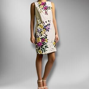 Kay Unger‎ Size S Rosette Floral Sheath Dress Cream 100% Silk Summer Tea Party